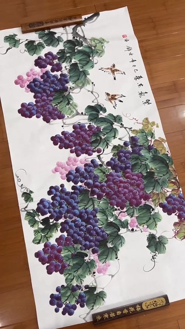 国画【福利，纯手工手绘】张文锦葡萄横幅138*68厘米