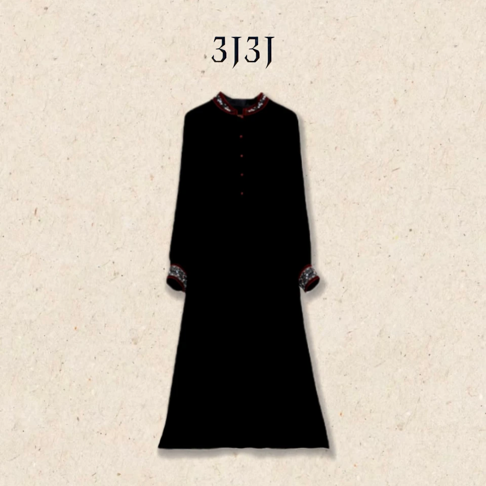 【暗夜黑巴克】真丝丝绒刺绣立领长宽复古长袖连衣裙A051386