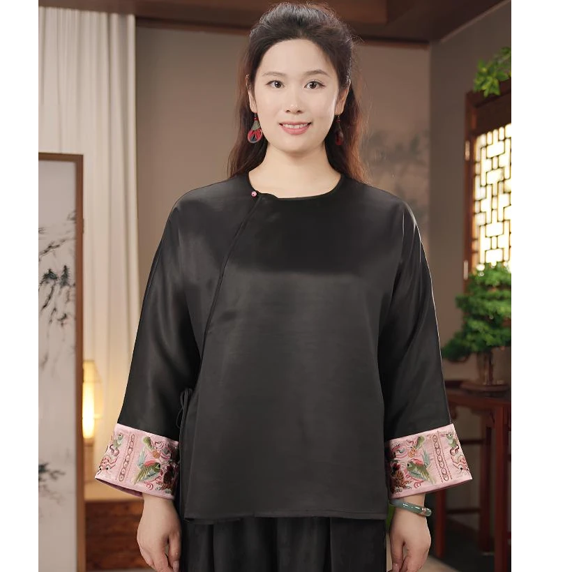【慕秋】100%桑蚕丝素绉缎香云纱禅意茶服百搭重工苗绣上衣中国风