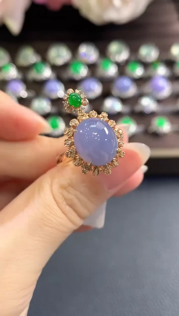 18K金镶嵌戒指翡翠b110  紫货有色差