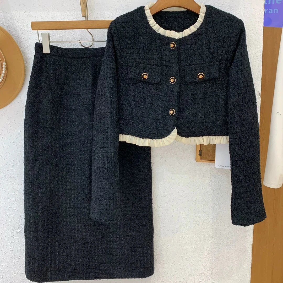 清仓不退换充棉加厚小香风套装女花边拼接两件套气质法式秋冬轻奢