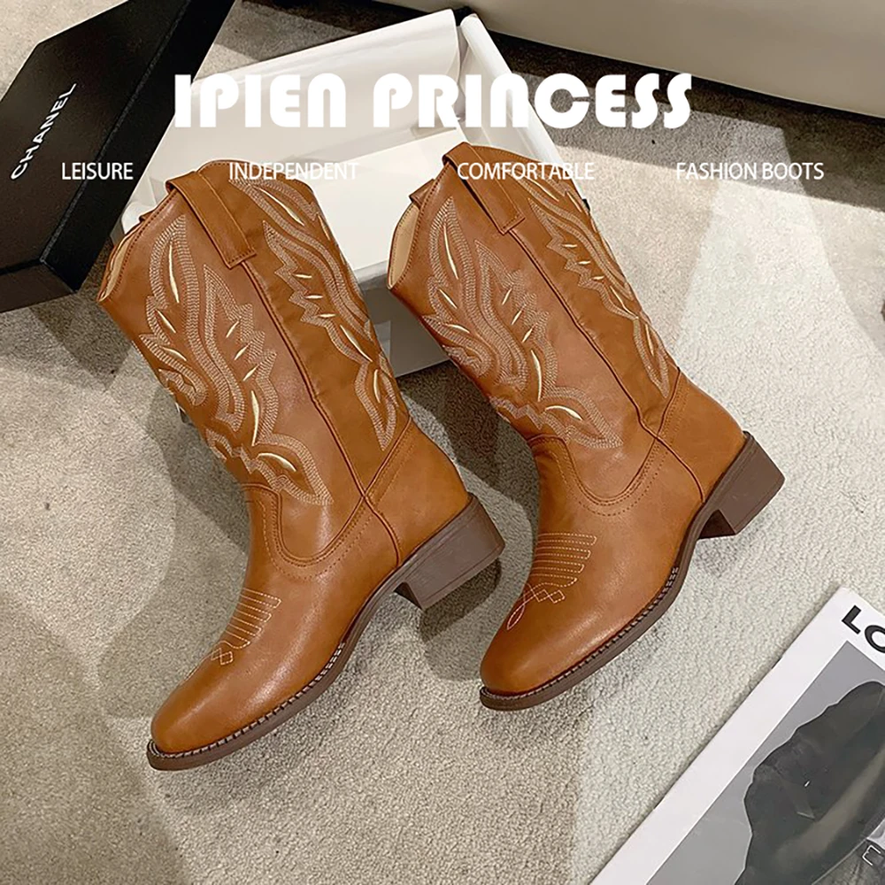 棕色复古西部靴刺绣骑士靴女2025爆款夏超火靴子洋气西部牛仔靴