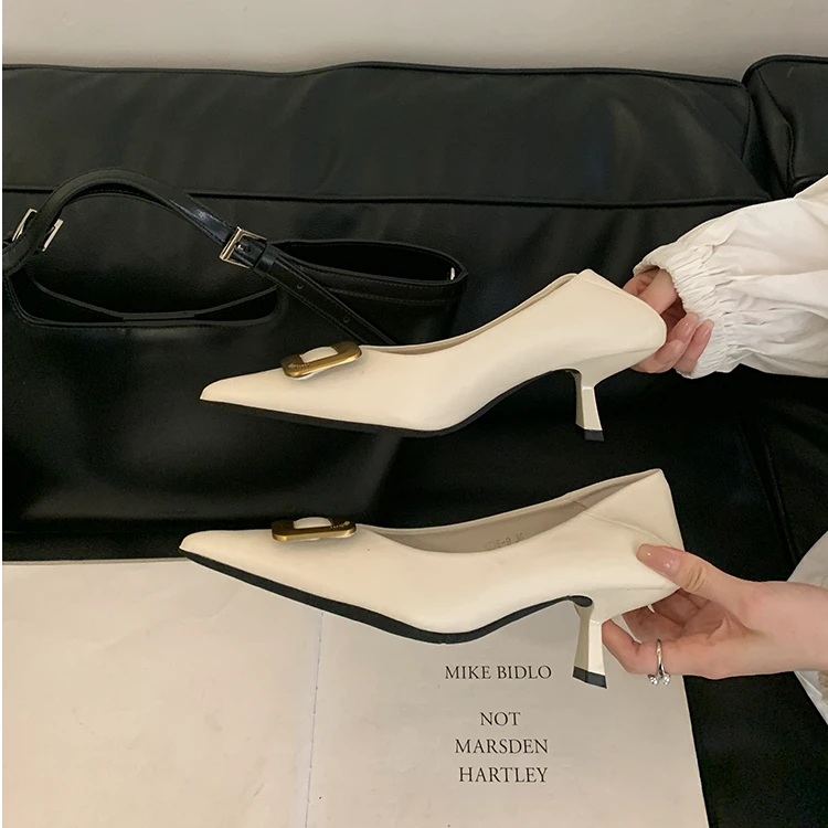 法式气质职业5CM高跟鞋女细跟金属方扣尖头单鞋名媛低跟宴会鞋