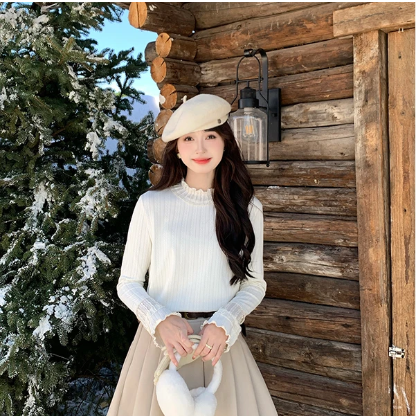 【现货】洋气木耳边针织上衣女内搭新款设计感小众长袖打底衫