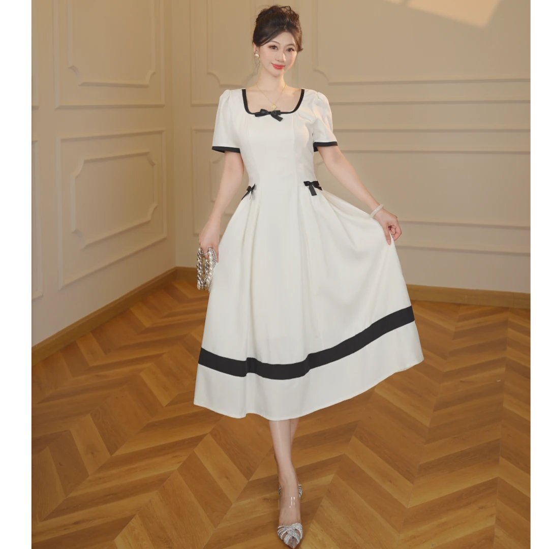【张小小】有里布高级感撞色蝴蝶结连衣裙夏新款收腰显瘦A字裙D1466