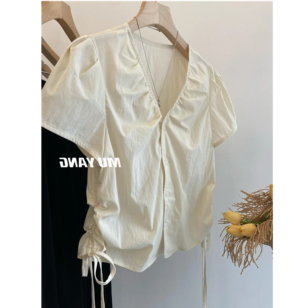 法式V领抽绳正肩泡泡短袖衬衫女夏季设计感褶皱收腰小个子短上衣