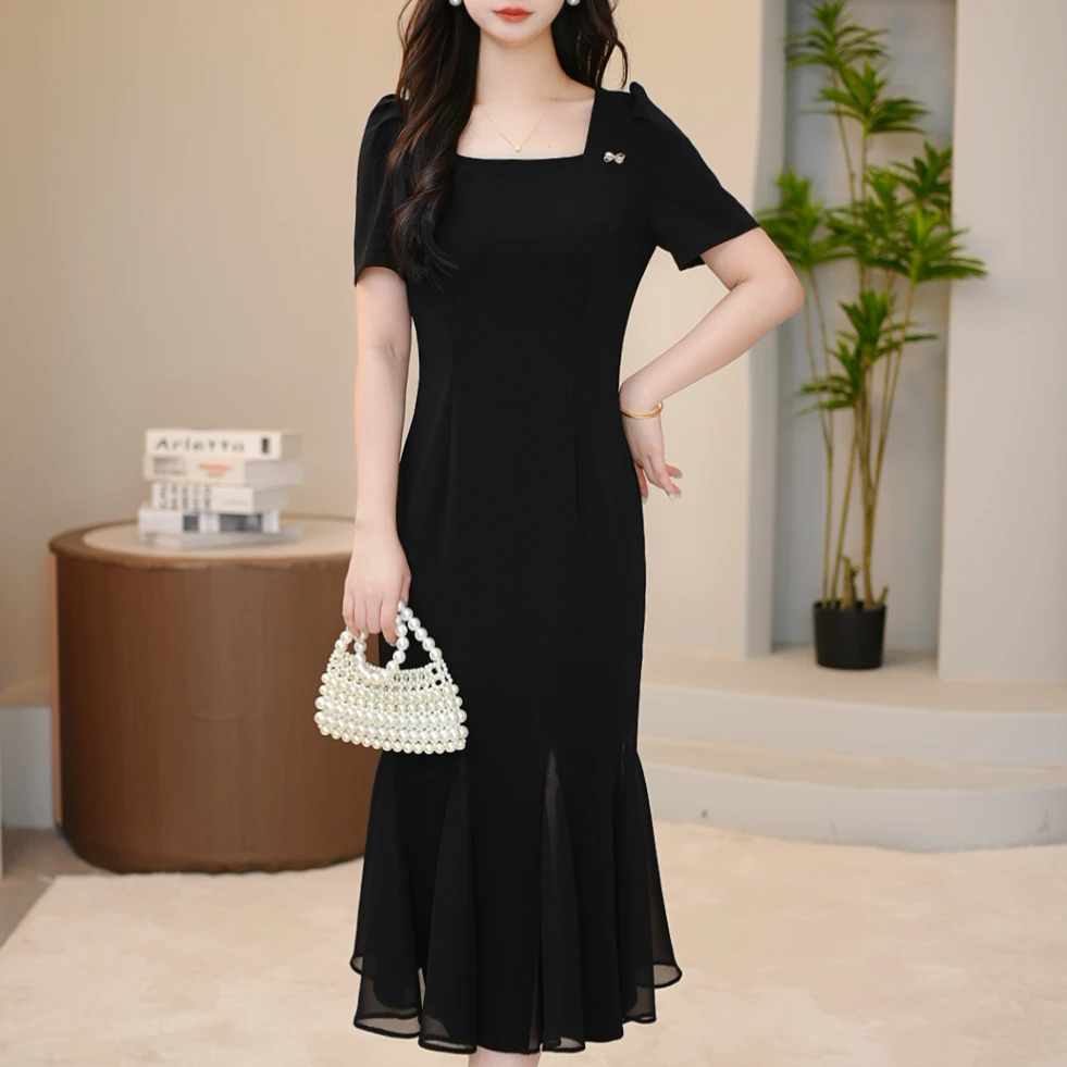 赫本风小黑裙时尚百搭气质鱼尾包臀裙法式复古连衣裙长裙夏季