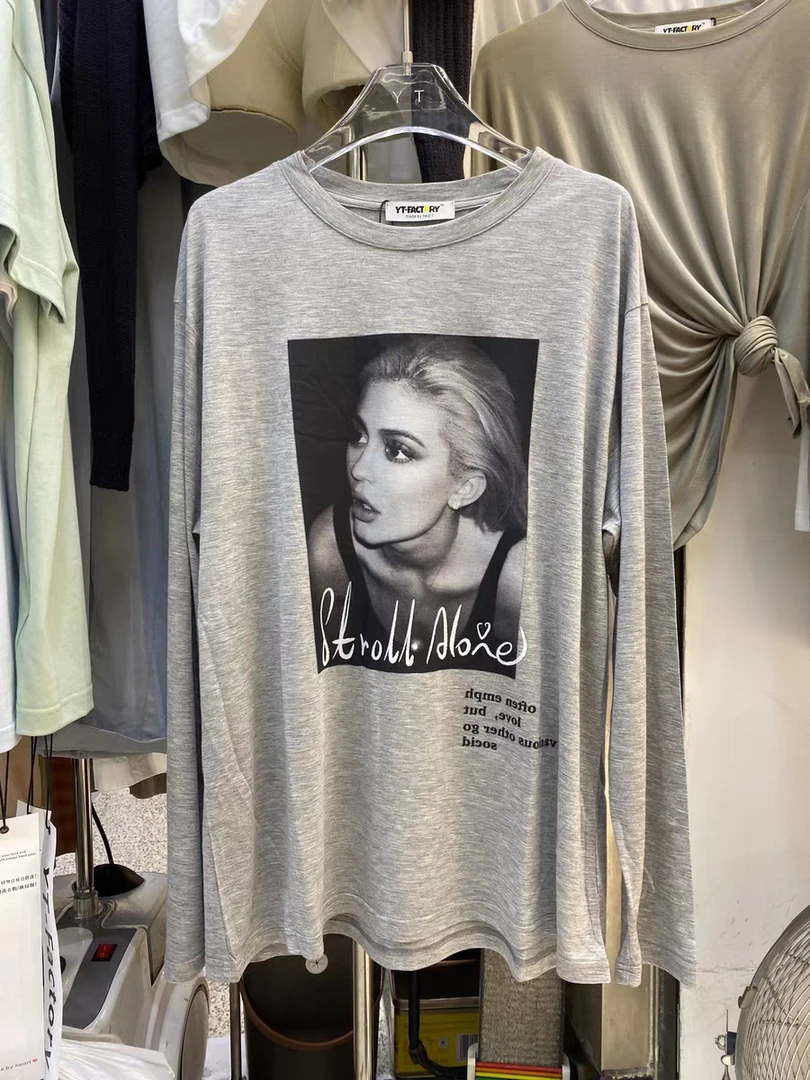 辣椒酱 新款韩版设计感印花长袖T恤女宽松百搭中长款防晒衫