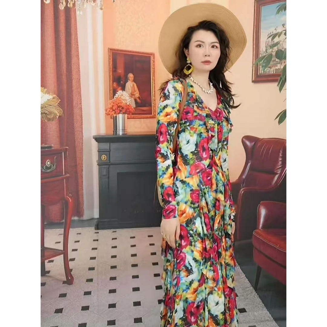 HZHJ新款原创设计师花开半夏木耳边连衣裙复古显瘦轻奢高级感2497
