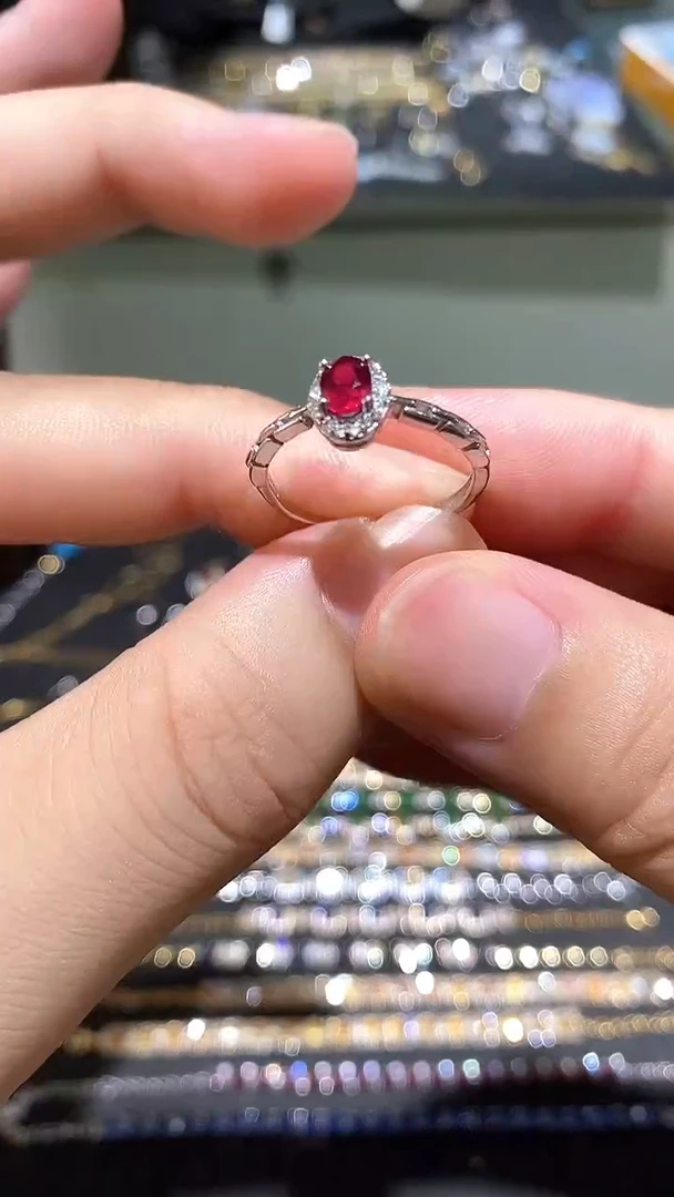 红宝石戒指银S925镶嵌戒指