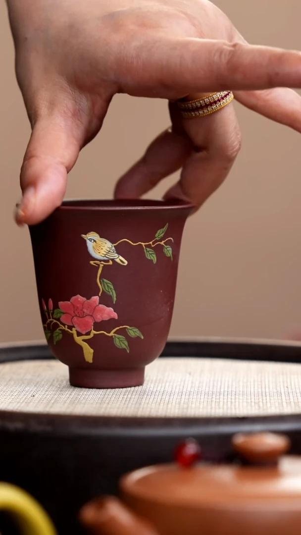 茶壶紫砂紫泥铃铛杯泥绘黄鸟002