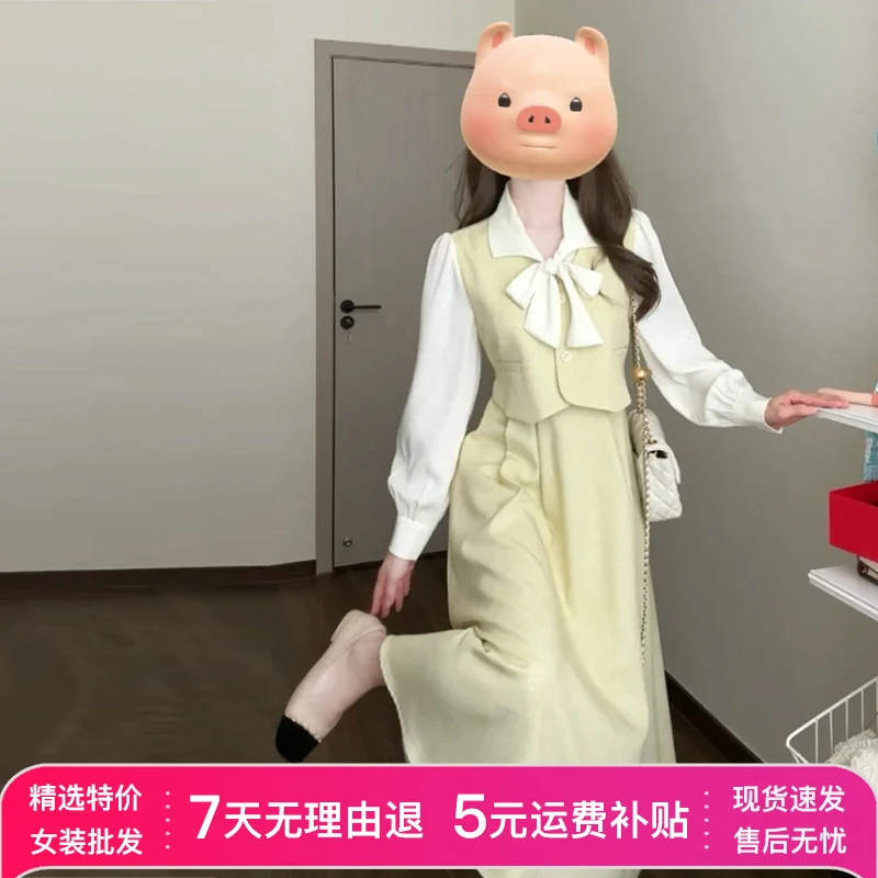 茶歇法式长袖连衣裙子2025新款女装初秋季蝴蝶结假两件长裙小香风