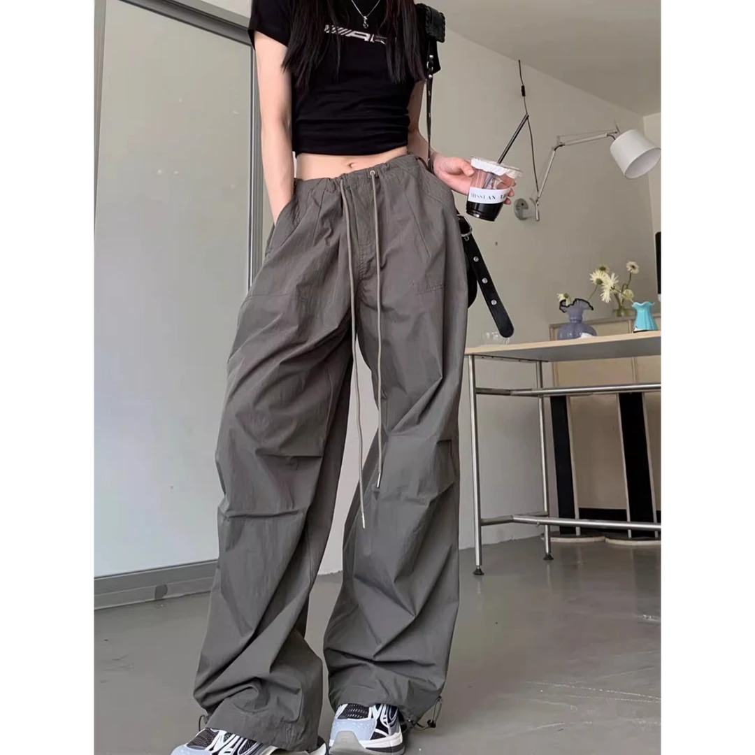 甜酷个性抽绳高腰休闲裤女春宽松拖地裤子垂感工装阔腿裤百搭长裤