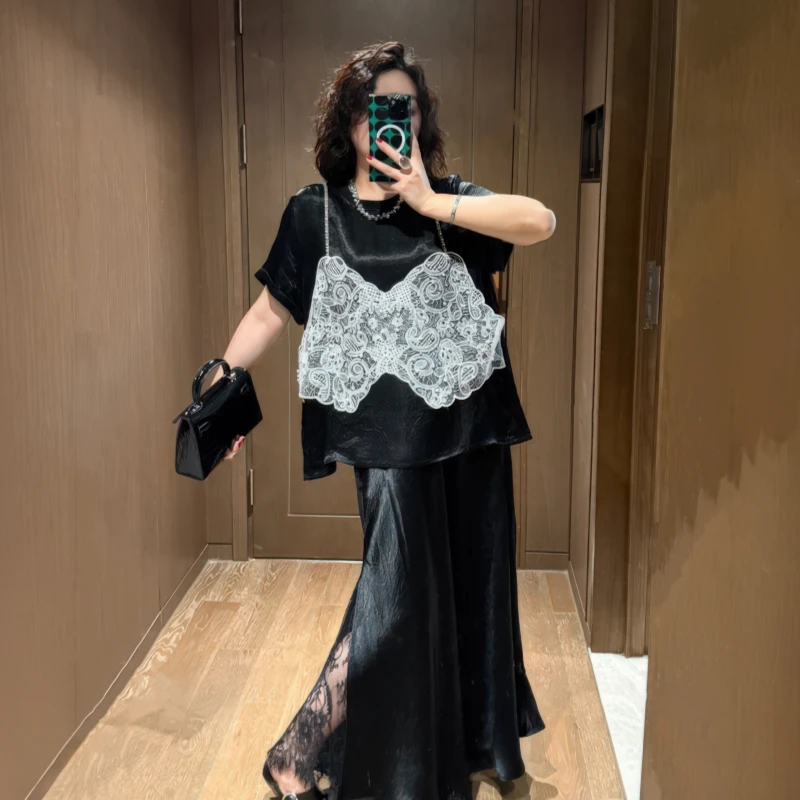 时尚套装短袖女2025夏季大码胖MM假两件蕾丝拼接上衣半身裙两件套