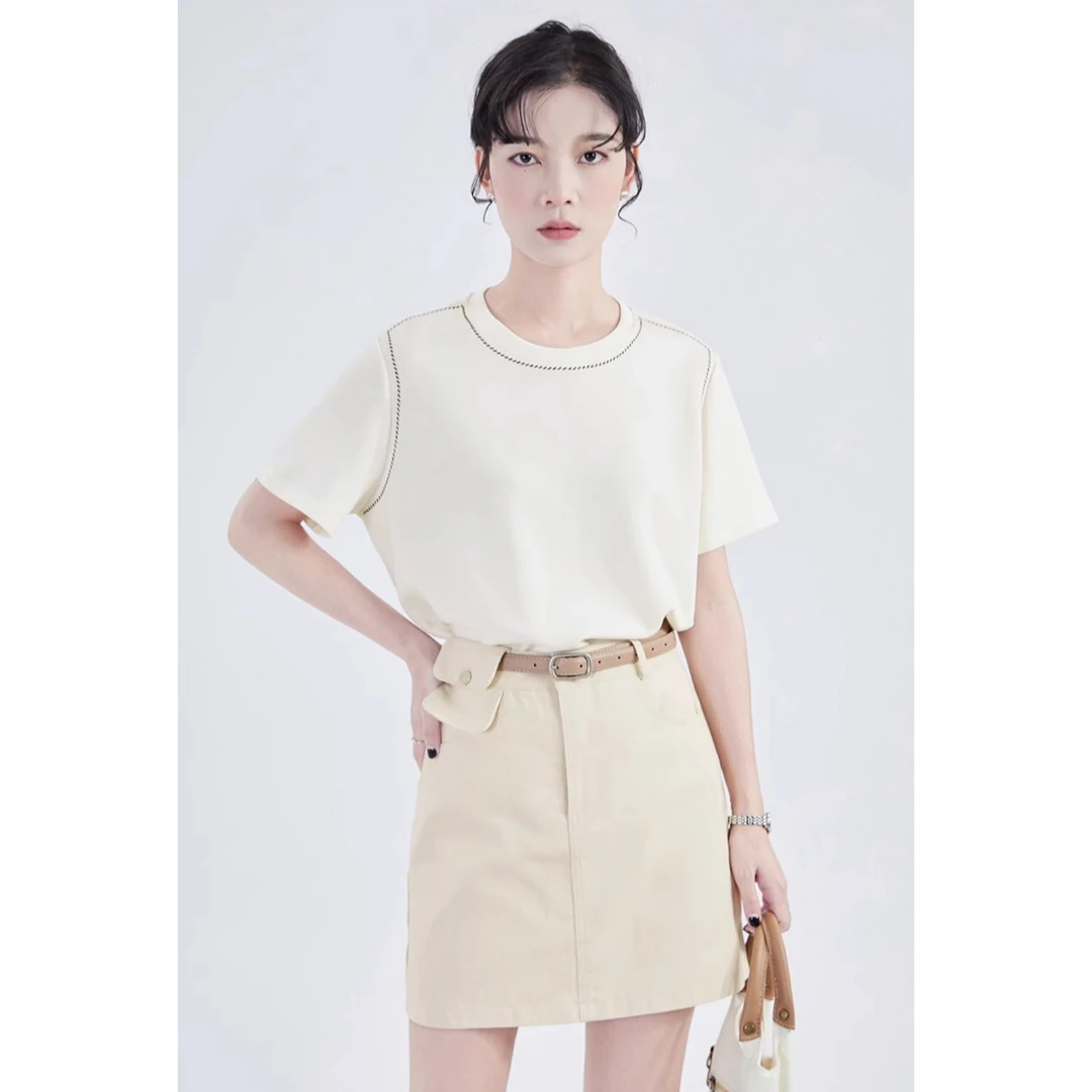 GUIER/桂儿撞色短袖t恤女春夏宽松显瘦休闲百搭杏色圆领上衣G0703