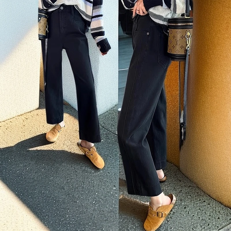春秋微胖黑色直筒牛仔裤女新款大码胖mm显瘦梨形身材宽松阔腿裤子