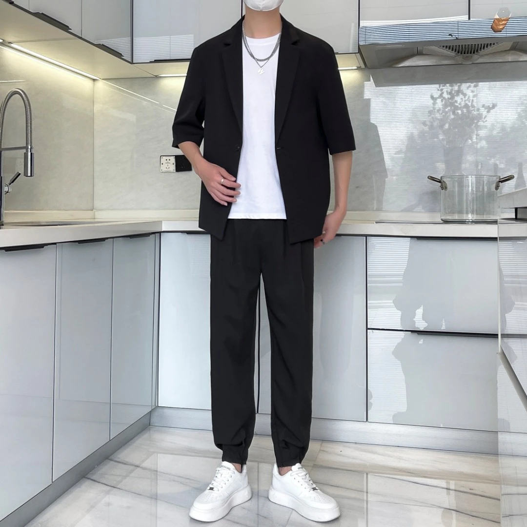 【三件套】夏季男士大码休闲西服套装韩版潮流帅气男款小西装轻熟风