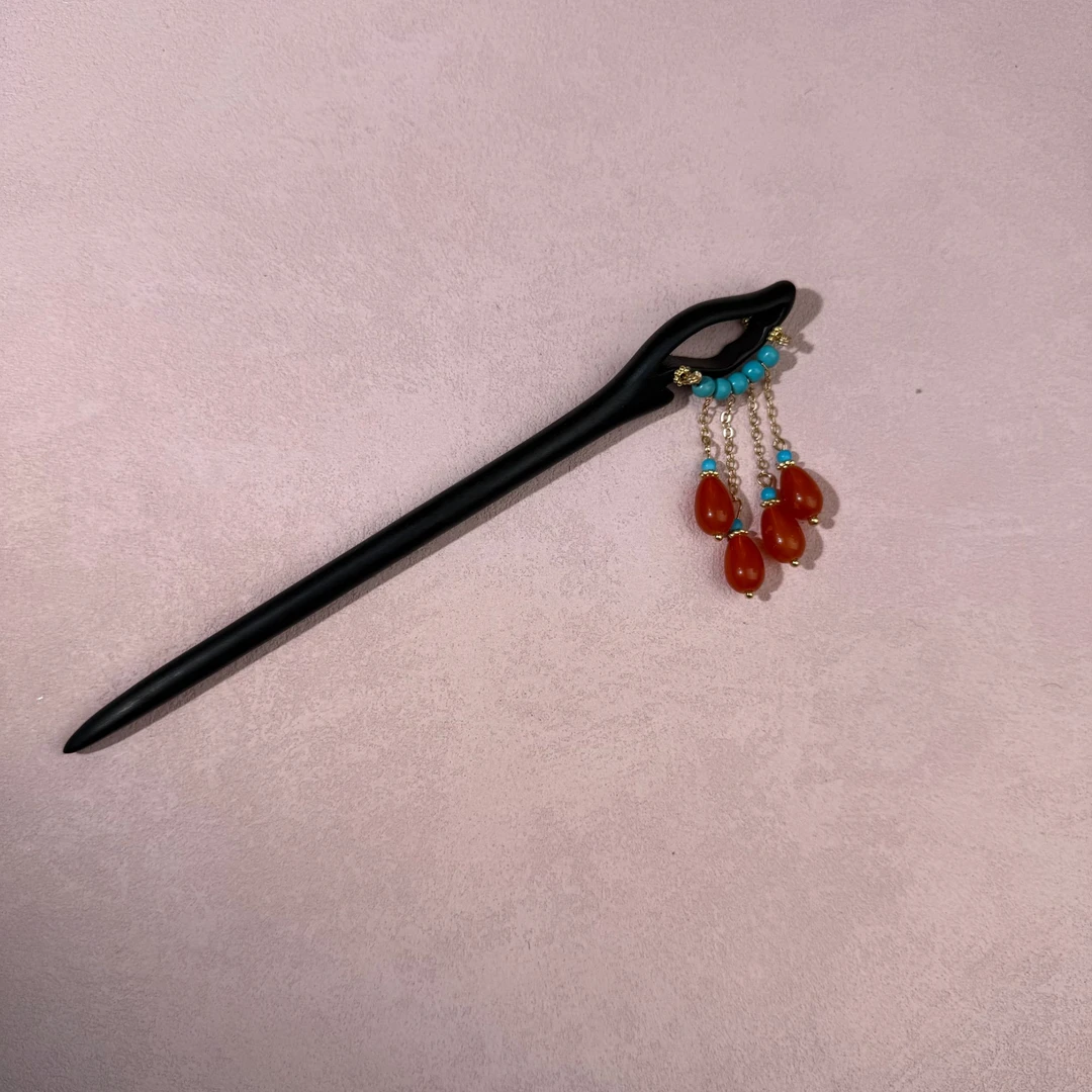 18厘米原创新中式发簪古风汉服旗袍黑檀木盘发簪子红蓝木簪气质女