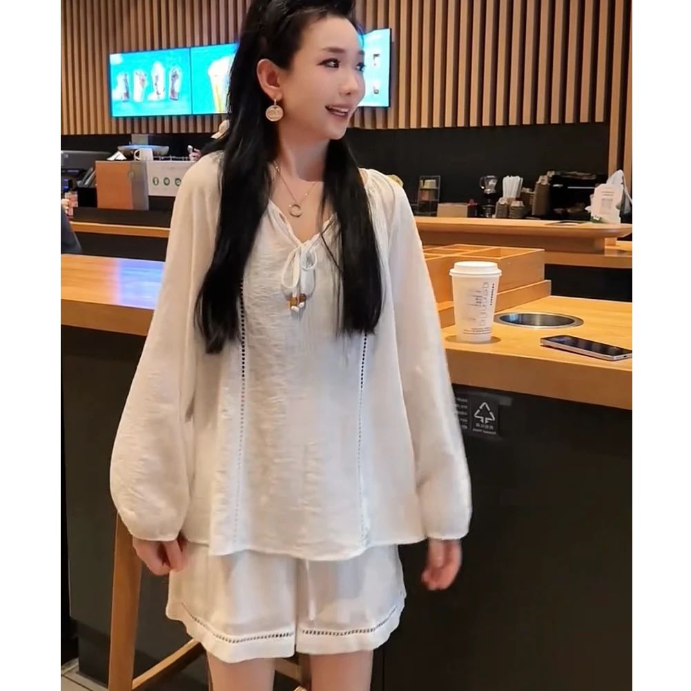 高级感休闲套装女薄款长袖物理防晒衬衫阔腿短裤两件套