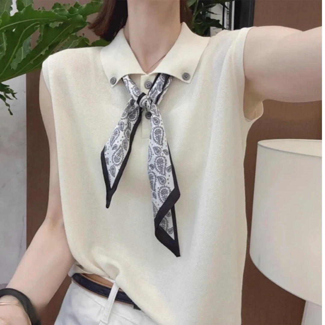 《猪猪出品》白色领结常规INS风修身型背心百搭无袖纯色傣族风格