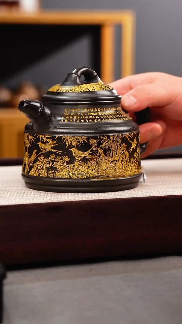 茶壶紫砂石黄 竹鼎 燕子图 描金