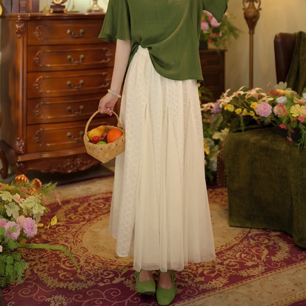 扣子家【浮光浅梦】港风复古纱裙高腰显瘦A字半身裙KS1114220