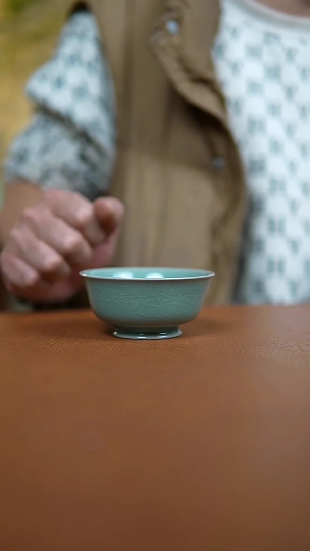 瓷片仿古翡翠绿纯手工卷足碗杯一级