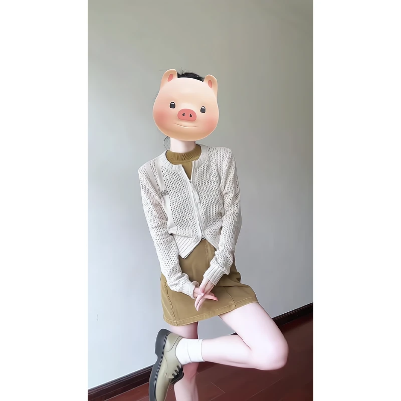 洋气衣服套装女春秋2025新款休闲内搭打底衫拉链罩衫卡其色半身裙