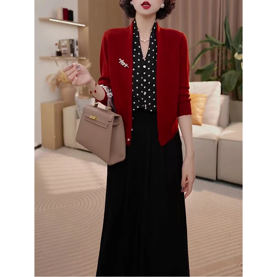 高档减龄时尚套装2025秋季新款气质修身显瘦假两件针织衫+半身裙