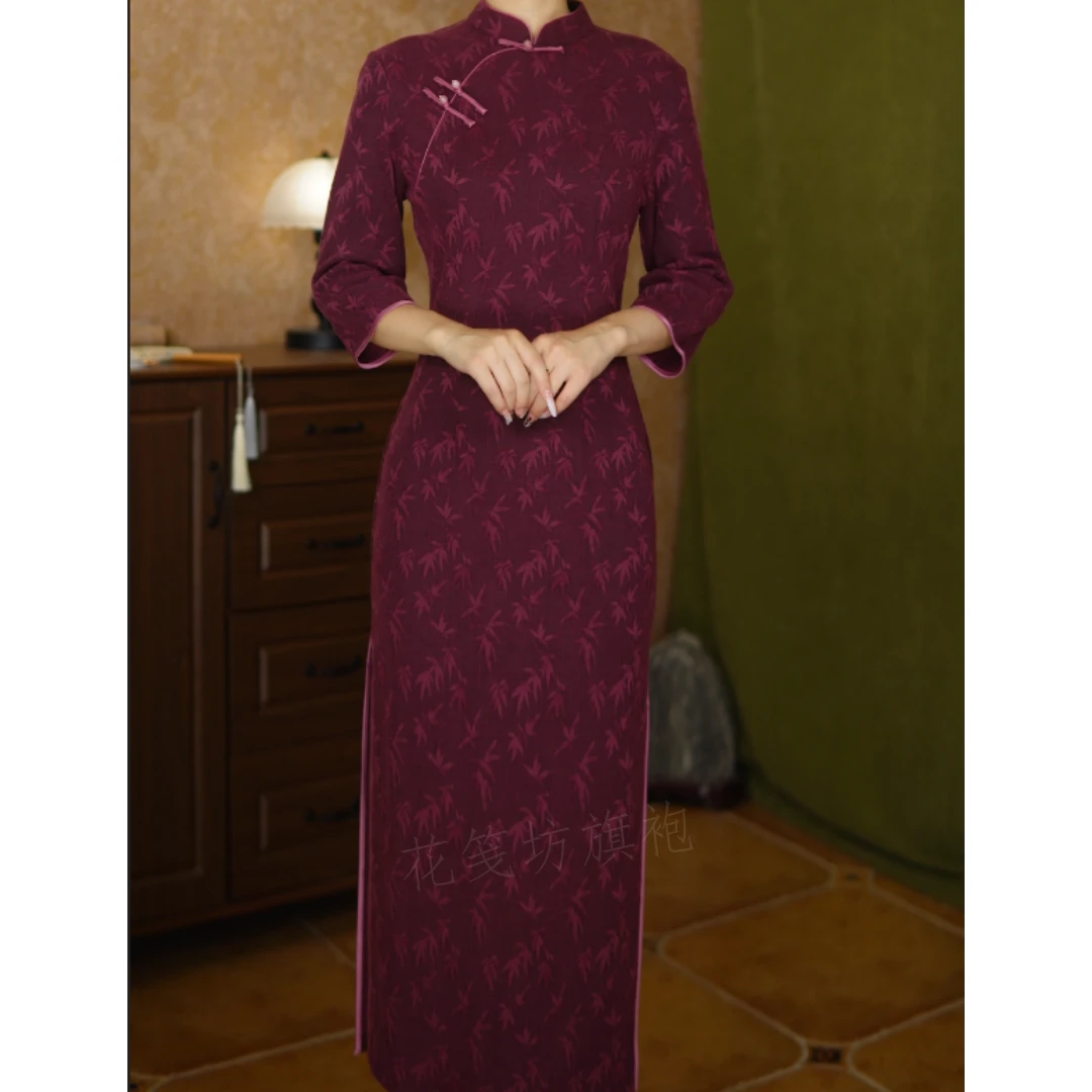 花笺坊【晚秋】绵羊毛春秋日常气质优雅长袖旗袍连衣裙衣长120cm