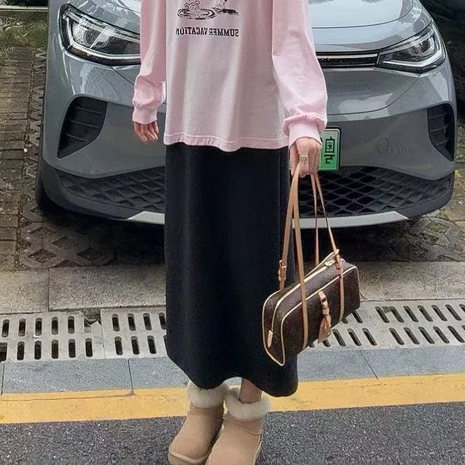 后开叉净版毛呢长半裙