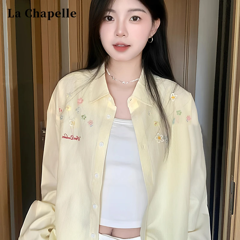 拉夏贝尔国潮牌花朵刺绣长袖衬衫女秋2025新款款宽松休闲衬衣外套