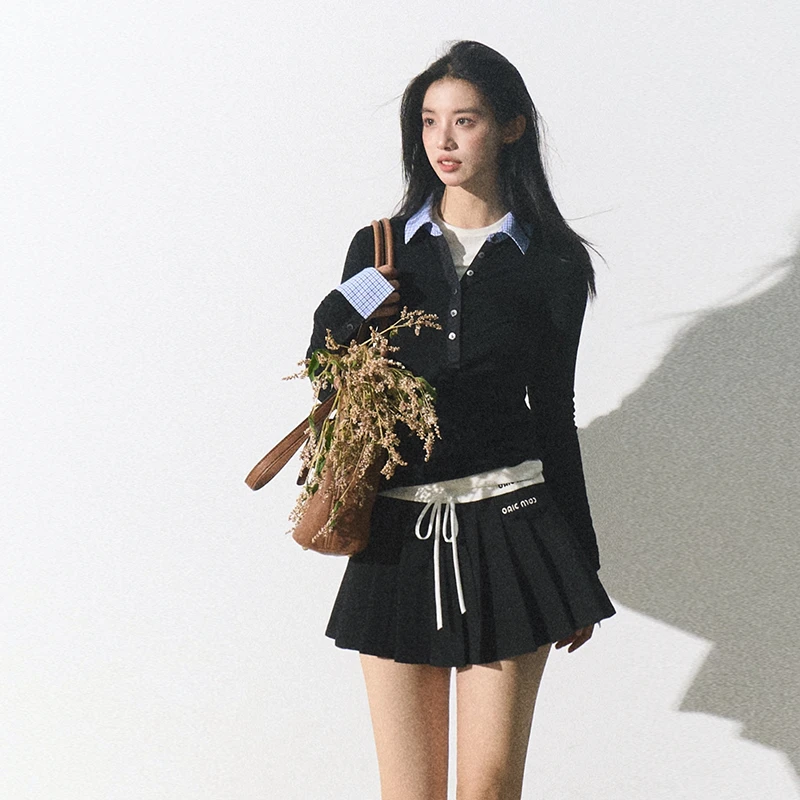 OAKMOO/ "氤氲的棱角"学院风双腰头百褶裙女拼接半裙a字半身裙