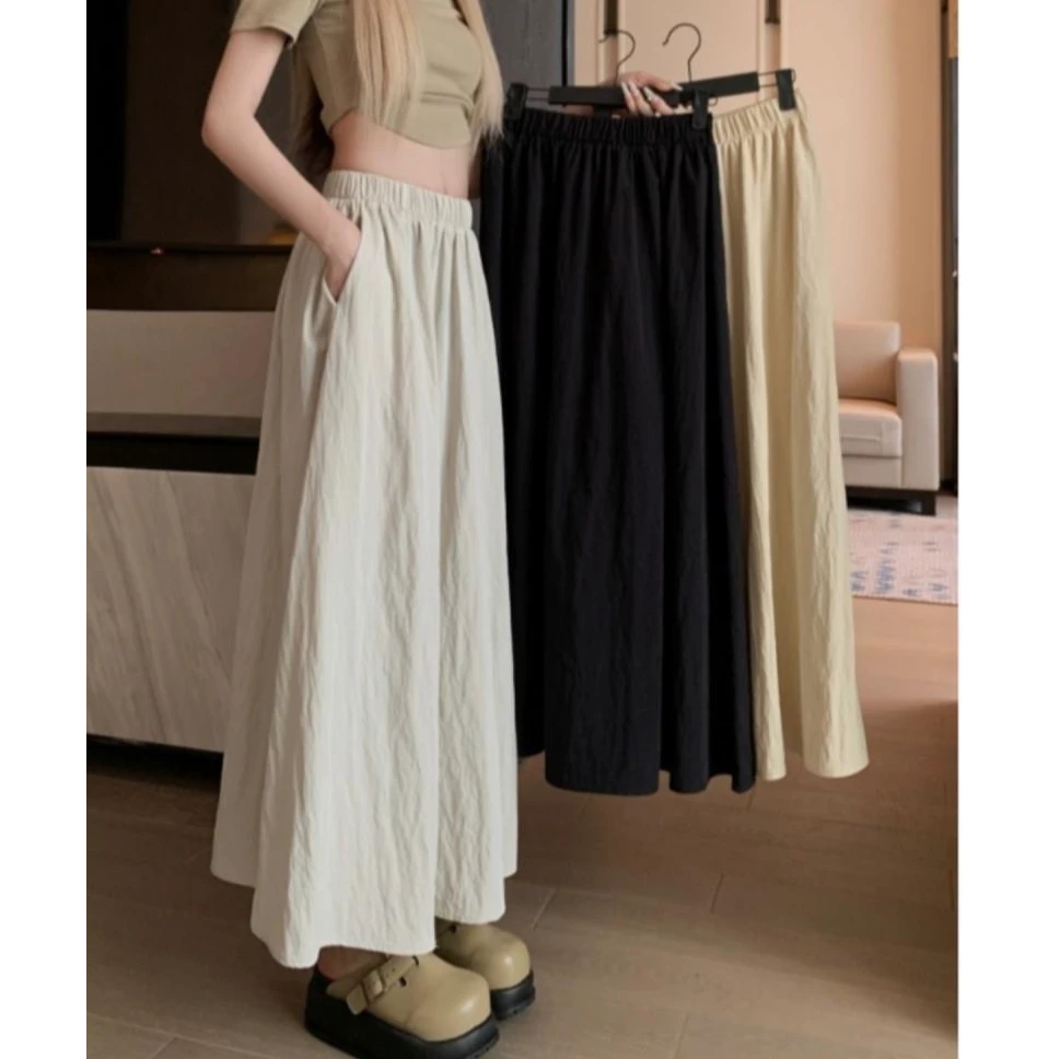 白色中长款半身裙女夏季2025新款百搭高腰显瘦松紧腰A字裙子伞裙