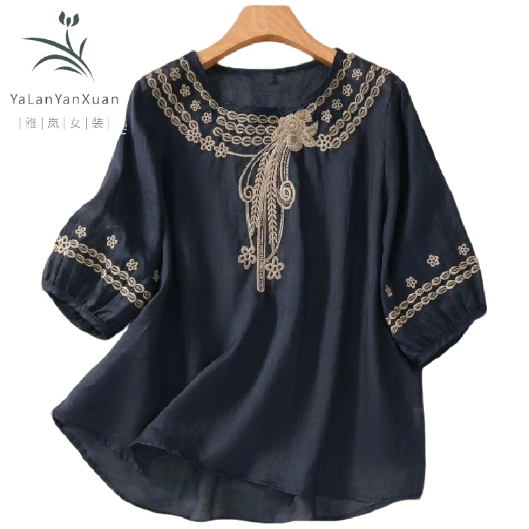 【雅岚女装】时尚洋气显瘦新款文艺复古棉麻刺绣衬衫夏季半袖气质
