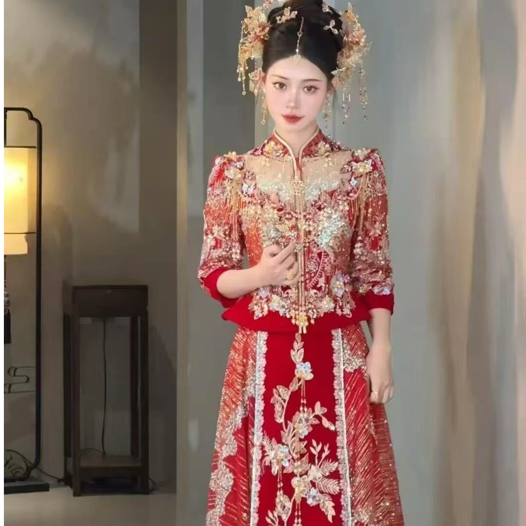 秀禾服婚服2025新款中式婚纱嫁衣结婚新娘大码丝绒修身出阁服夏季