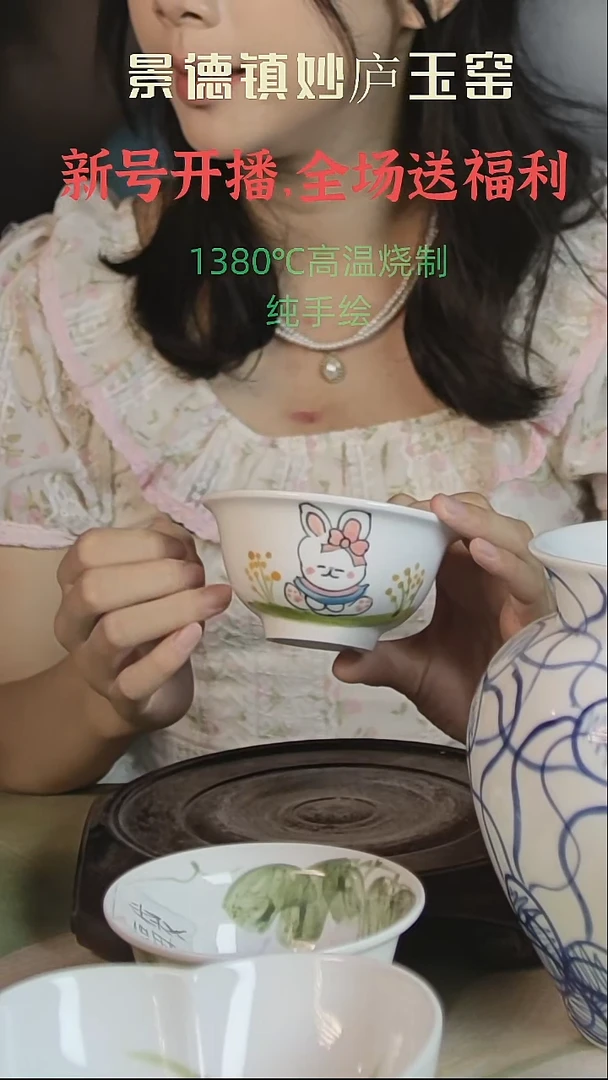 摆件景德镇高温手绘兔子小碗
