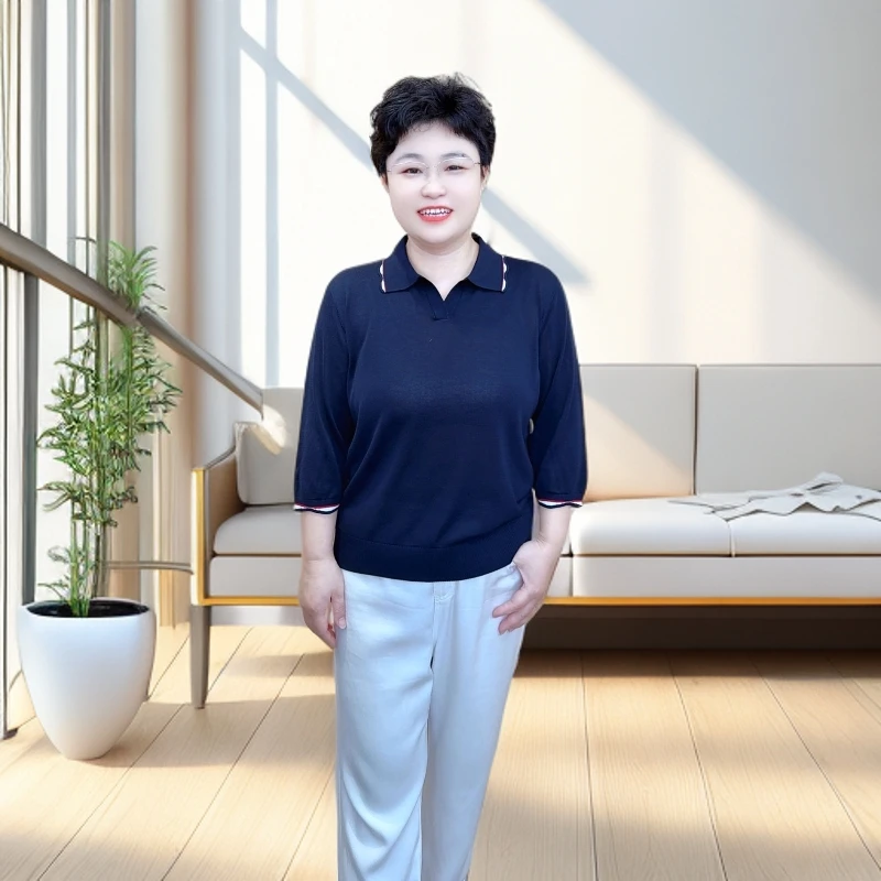 【清爽透气七分袖】秋款针织时尚（25203）显瘦气质百搭翻领简约纯色