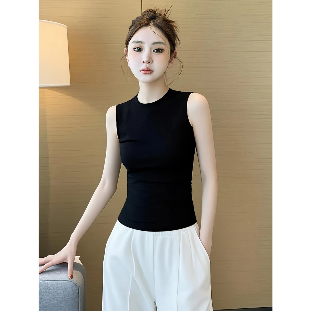 小圆领打底背心女内搭2025新款夏季外穿纯棉无袖吊带紧身黑色上衣