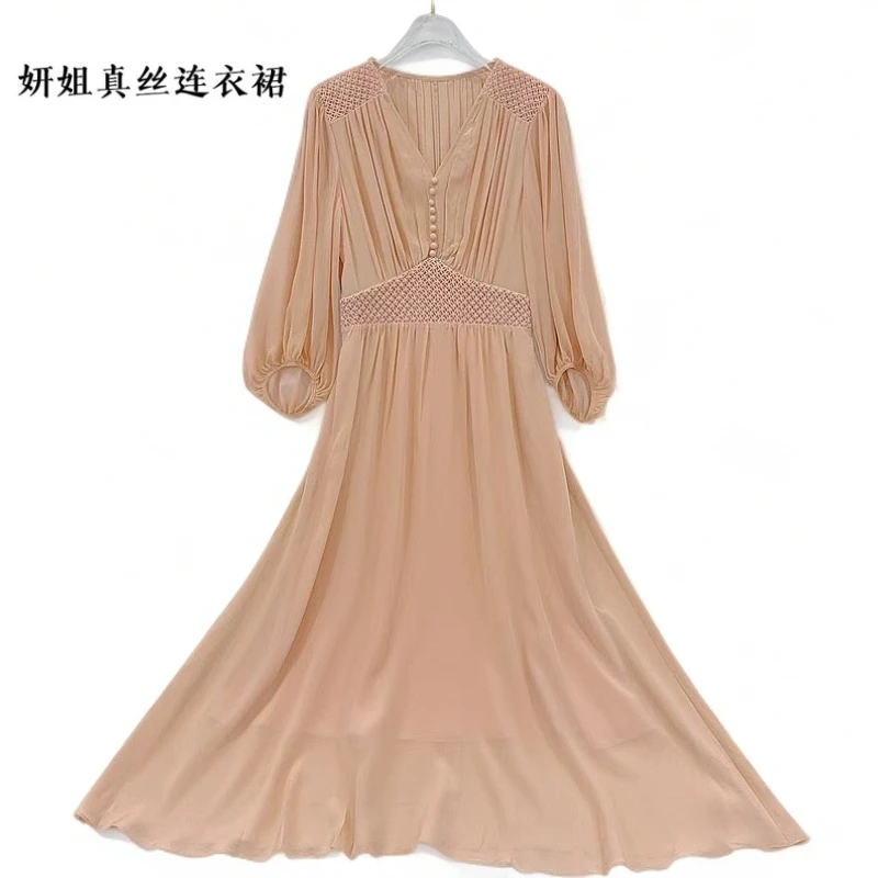 【妍姐桑蚕丝2025夏季新】气质显瘦v领女装长款连衣裙 橘粉色 25037