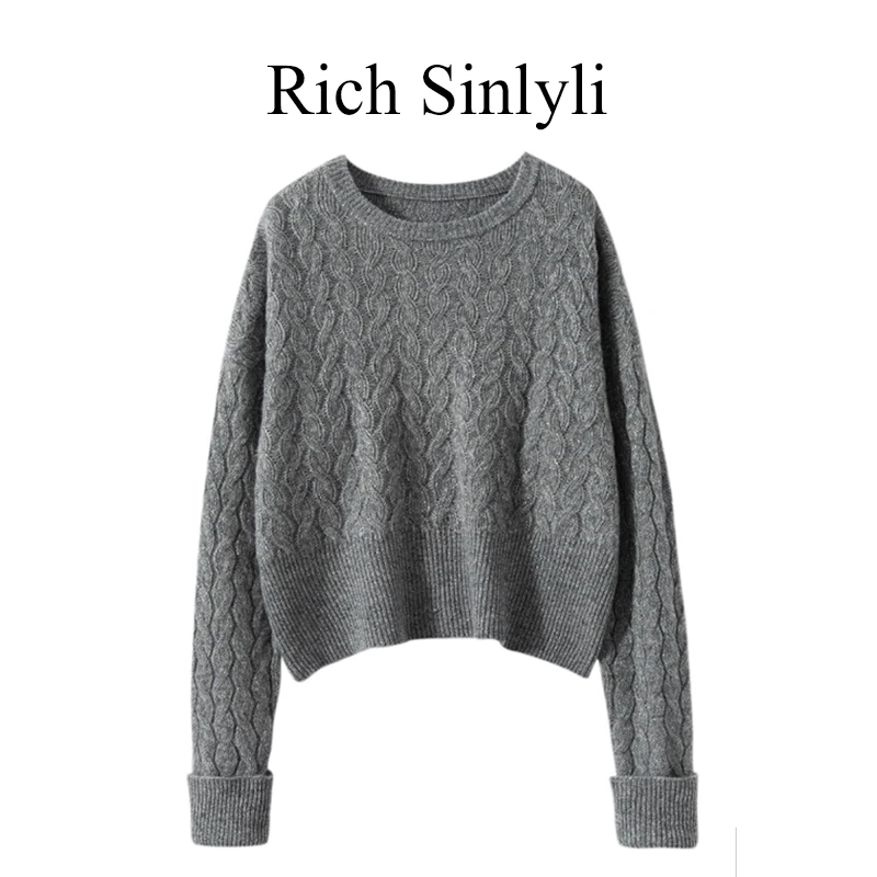 山羊绒女士圆领绞花时尚宽松休闲风针织衫秋冬新款麻花内搭打底衫