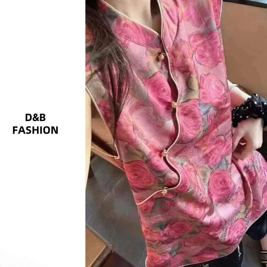 新中式立领盘扣百搭女款背心夏装国风提花马甲