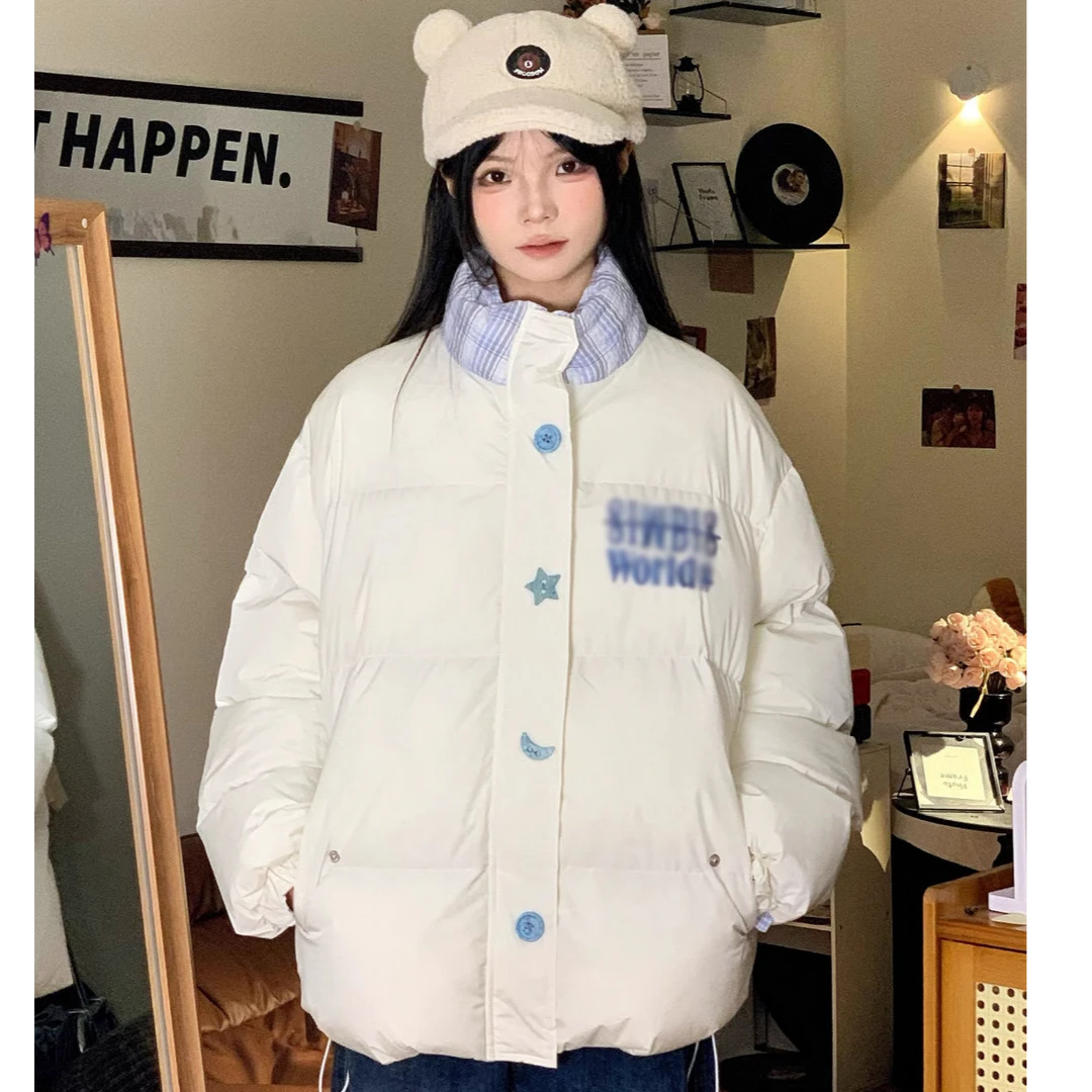 美式复古字母刺绣拼接格子立领棉服女2024冬季新款防寒保暖外套