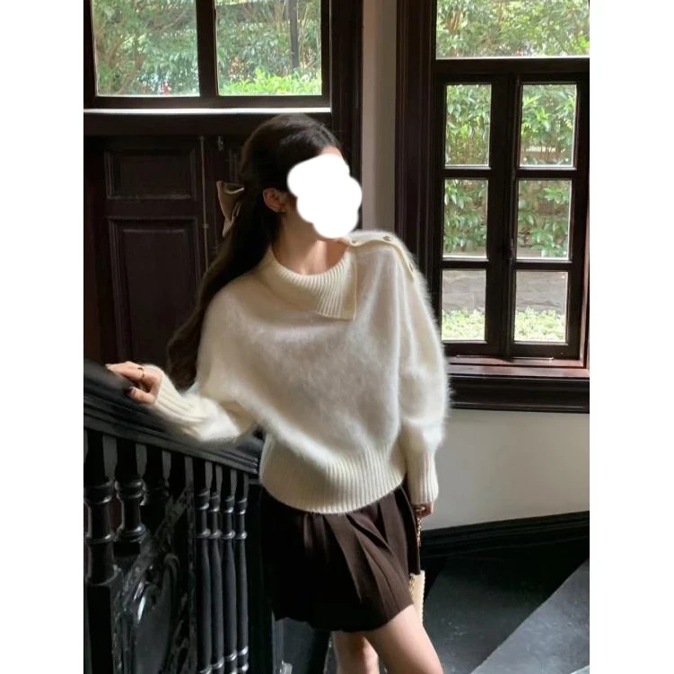 白色高领堆堆领套头毛衣女早秋宽松慵懒高级内搭短款