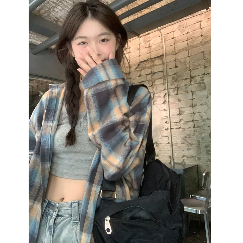 盐系甜妹~小众设计风高级感女上衣秋季复古格子衬衫灰蓝色慵懒风
