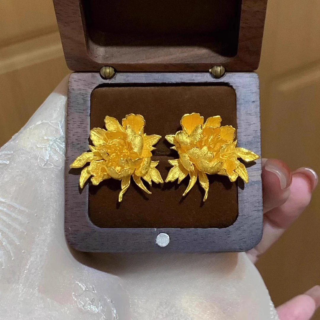 铜合金耳饰 金色牡丹花耳钉国风耳坠新中式耳环夏日女款小众耳饰