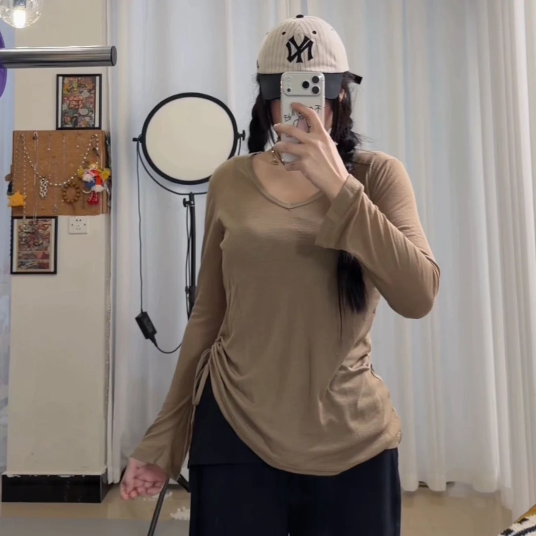 大码健身衣瑜伽服常规长袖V领宽松型速干运动T恤开叉不规则宽松