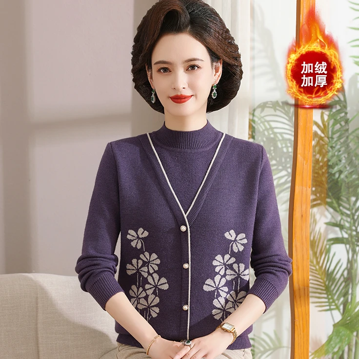 冬季妈妈装加绒加厚针织半高领内搭上衣中老年女装一体绒保暖毛衣