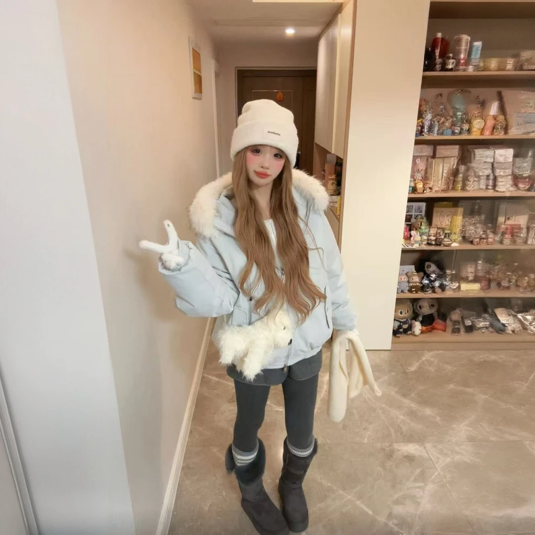 V37美式复古拼接纯色毛领连帽棉服男冬季加厚保暖工装棉衣外套潮