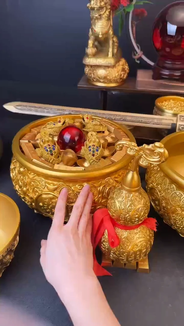 黄铜12斤元宝金钱聚宝盆+满盆套餐++大葫芦